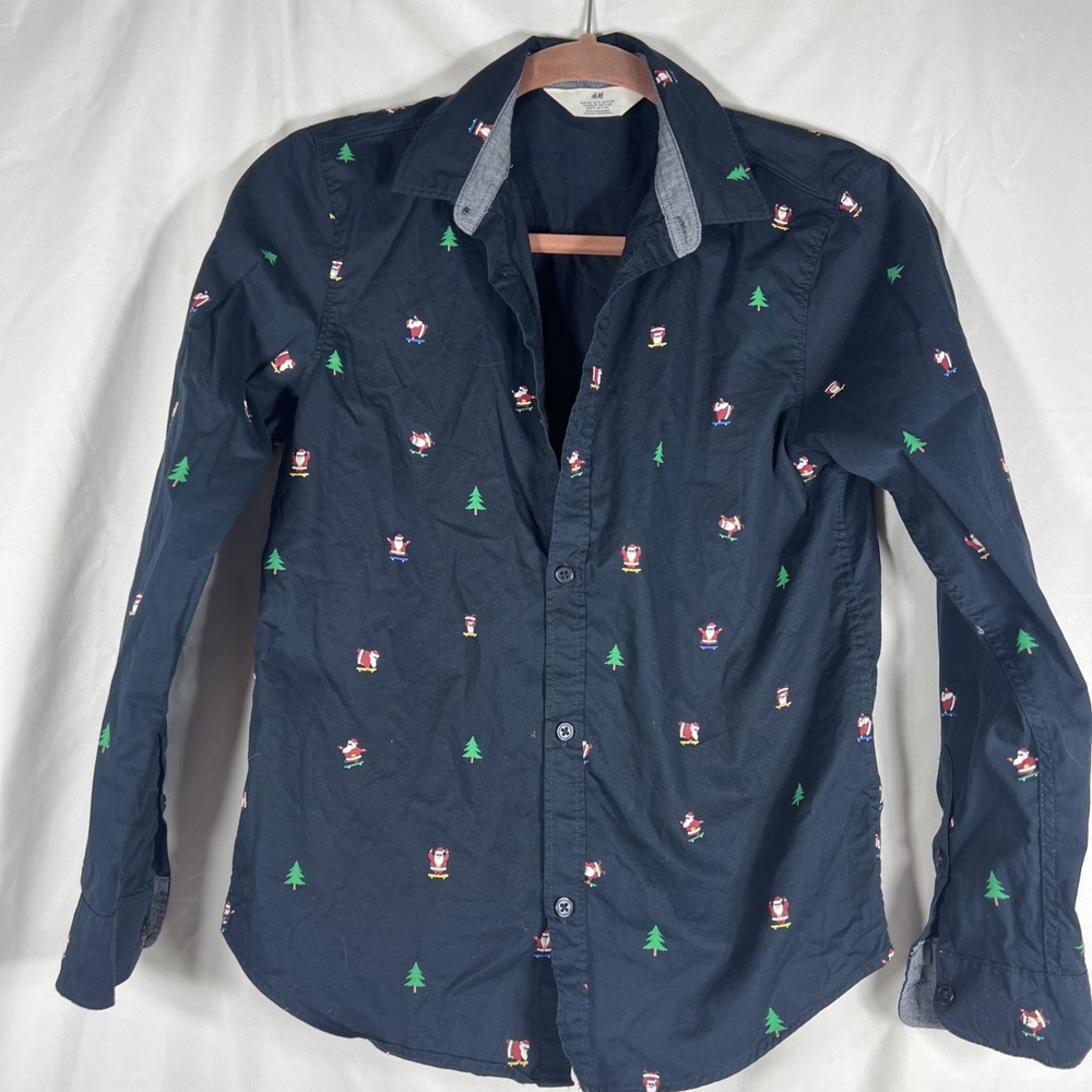 H&M‎ Boys Holiday Christmas Print Long Sleeve Button Up Shirt Sz 14 Santa Trees